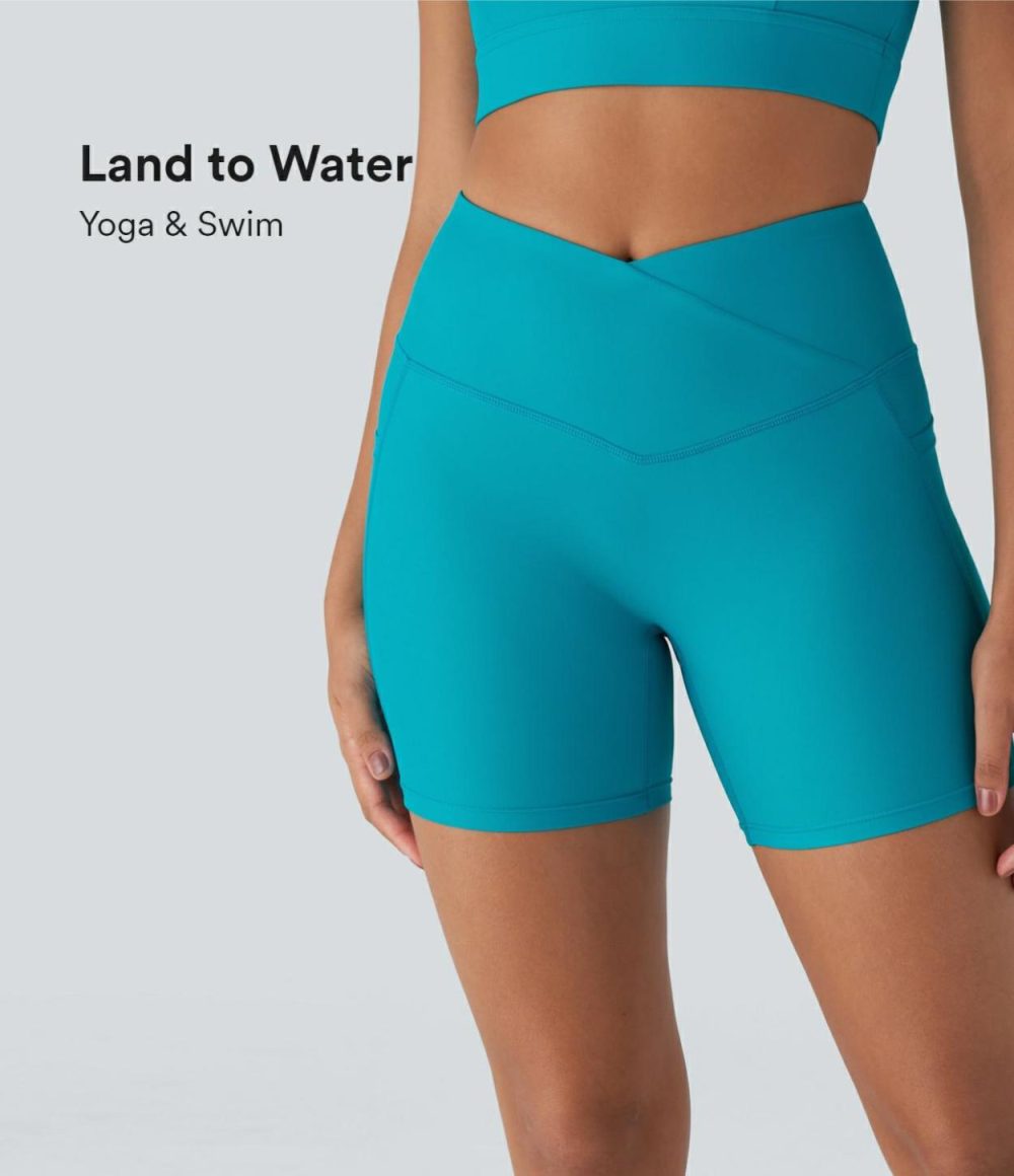 Land to Water High Waisted Crossover Side Pocket Yoga Bikini Bottom Swimsuit  | Womens  Swimwear Bottoms Clothing Lake Blue/Black