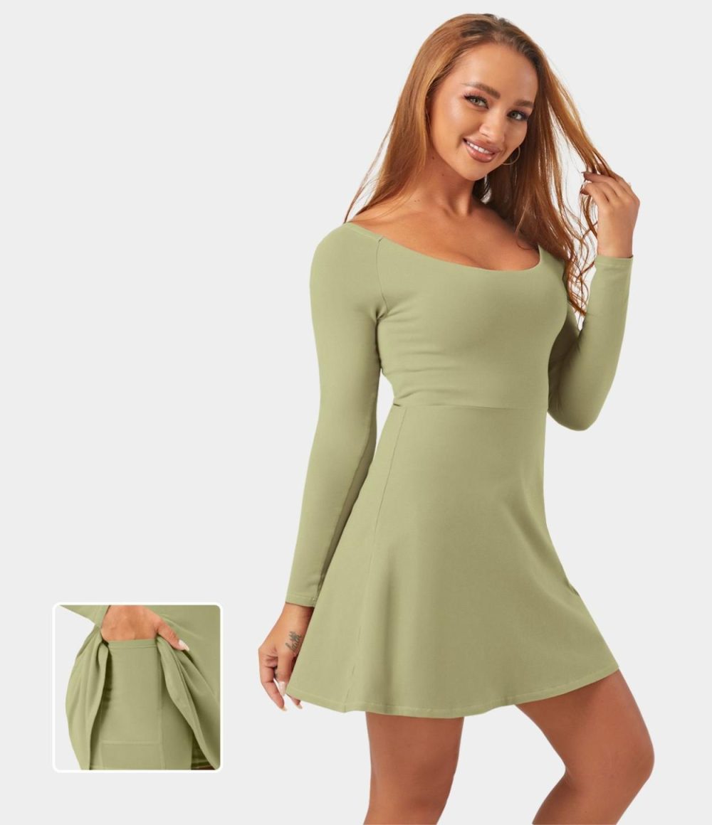 Long Sleeve 2-in-1 Pocket Mini Tennis Active Dress  | Womens  Active Dresses Active Dresses Active Dresses