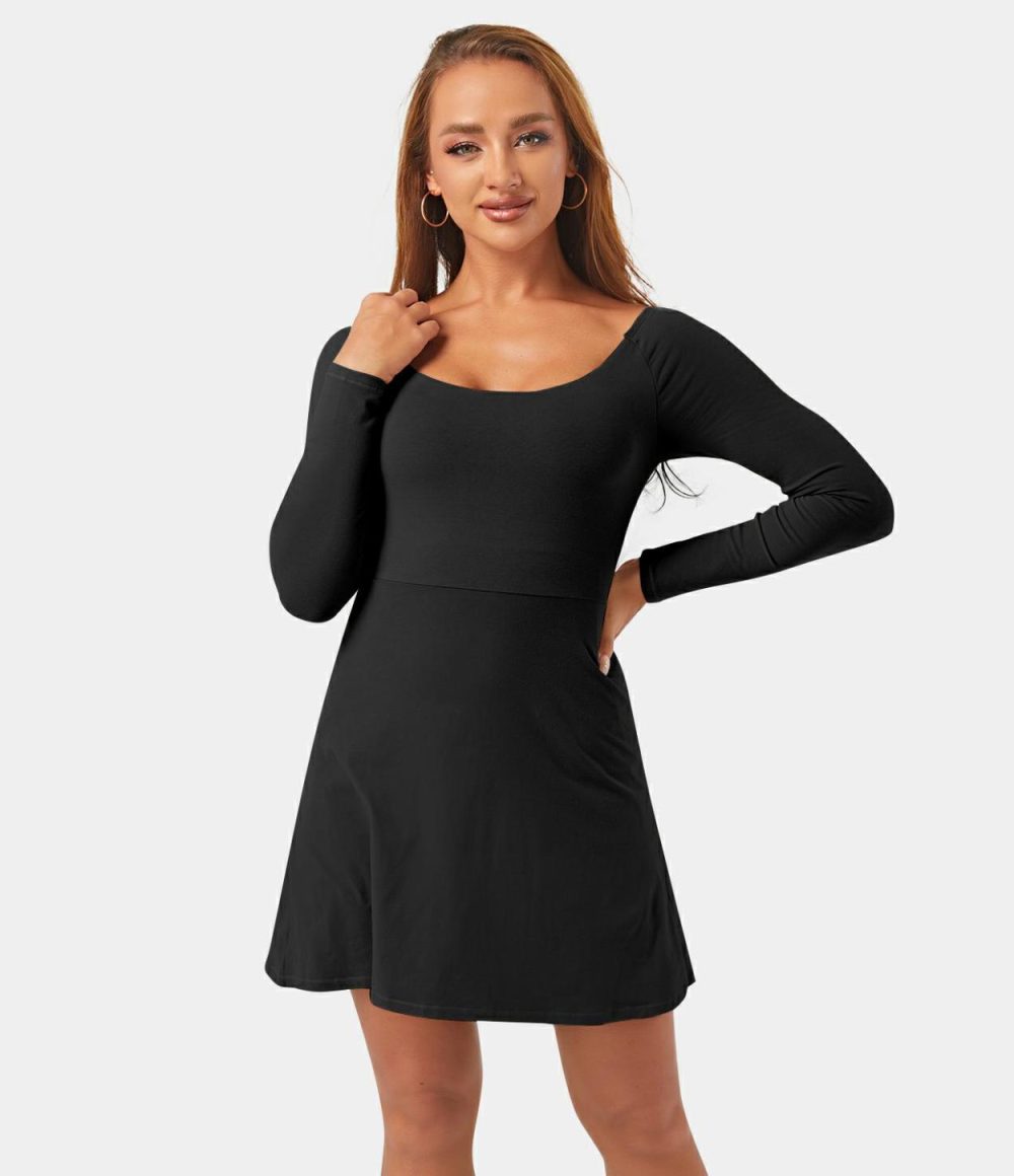 Long Sleeve 2-in-1 Pocket Mini Tennis Active Dress  | Womens  Active Dresses Active Dresses Active Dresses