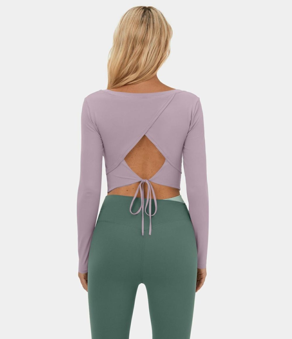 Long Sleeve Backless Cut Out Tie Back Cropped Barre Ballet Dance Sports Top  | Womens  Sports Tops Clothing Fig/Pink Purple/Light Bean Green/Black/White