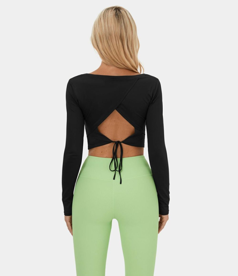 Long Sleeve Backless Cut Out Tie Back Cropped Barre Ballet Dance Sports Top  | Womens  Sports Tops Clothing Fig/Pink Purple/Light Bean Green/Black/White