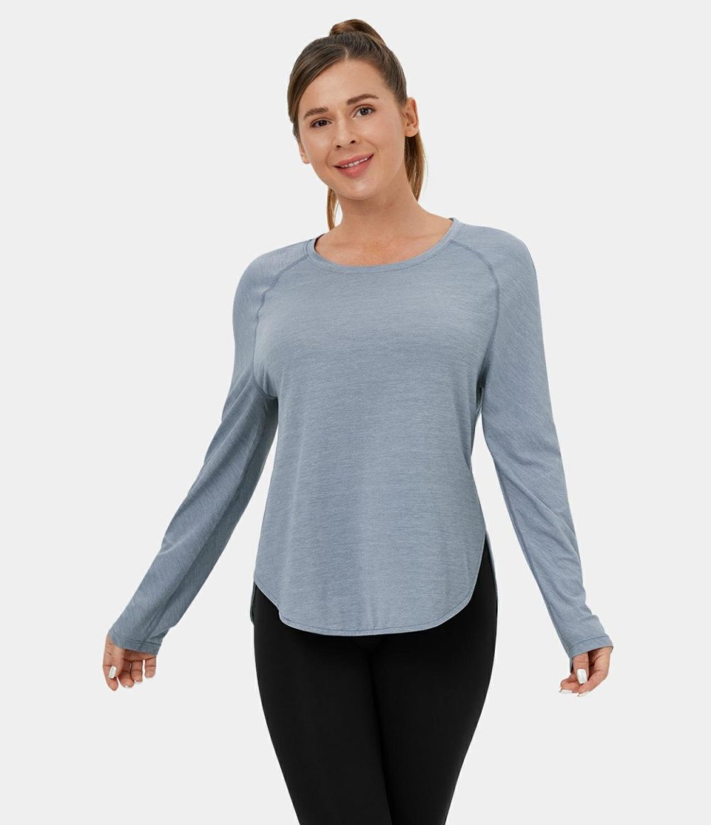 Long Sleeve High Low Curved Hem Sports Top  | Womens  Sports Tops Clothing Light Blue/Black