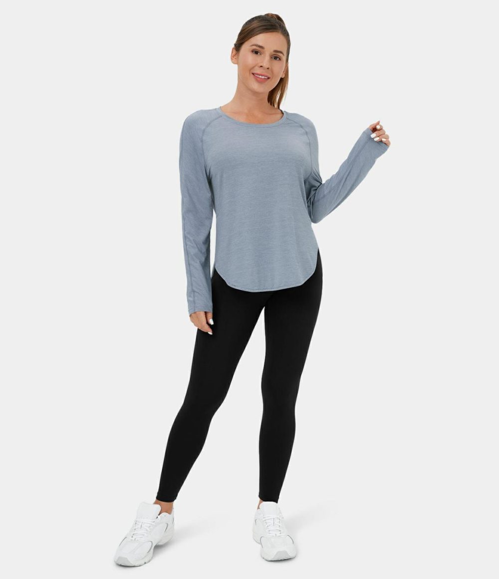 Long Sleeve High Low Curved Hem Sports Top  | Womens  Sports Tops Clothing Light Blue/Black