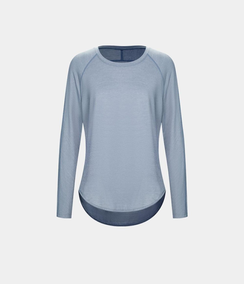 Long Sleeve High Low Curved Hem Sports Top  | Womens  Sports Tops Clothing Light Blue/Black