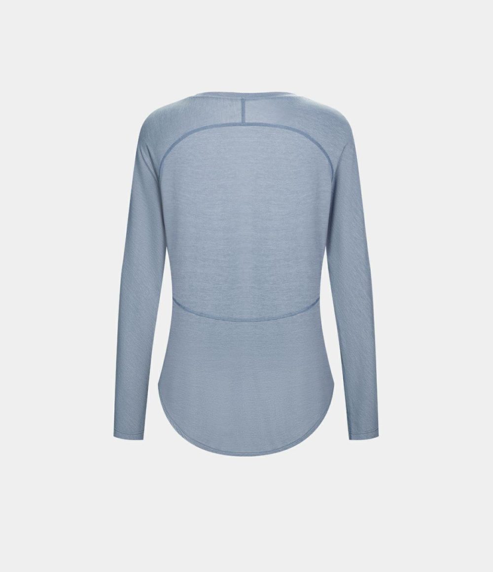 Long Sleeve High Low Curved Hem Sports Top  | Womens  Sports Tops Clothing Light Blue/Black