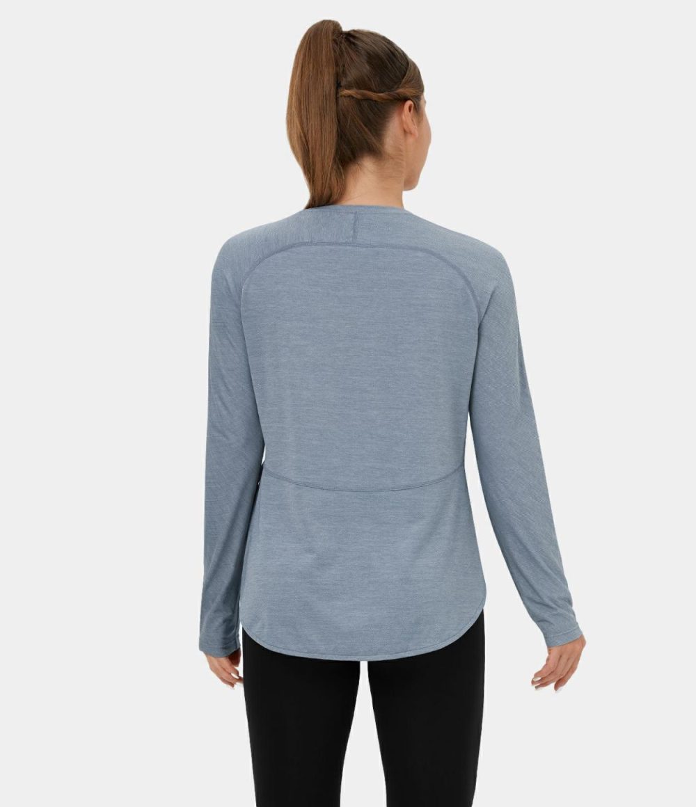 Long Sleeve High Low Curved Hem Sports Top  | Womens  Sports Tops Clothing Light Blue/Black