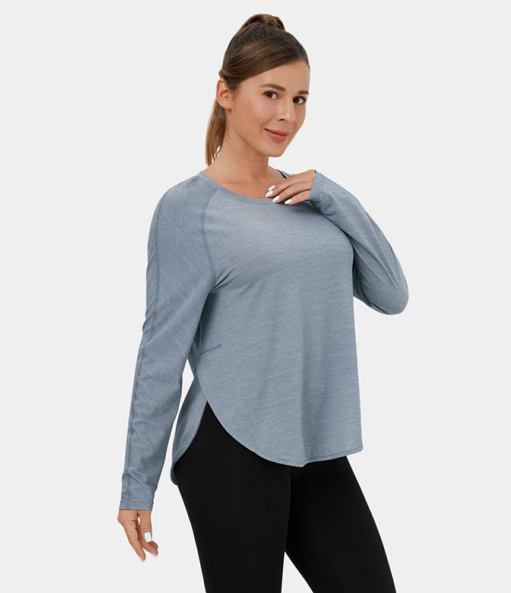 Long Sleeve High Low Curved Hem Sports Top  | Womens  Sports Tops Clothing Light Blue/Black