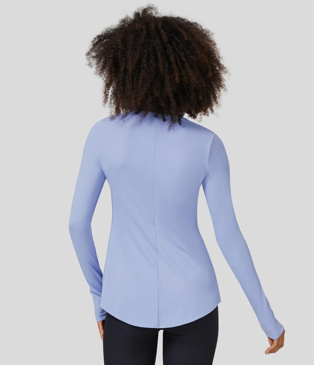 Long Sleeve Tie Front Split Yoga Sports Top  | Womens  Sports Tops Clothing Blue Heron