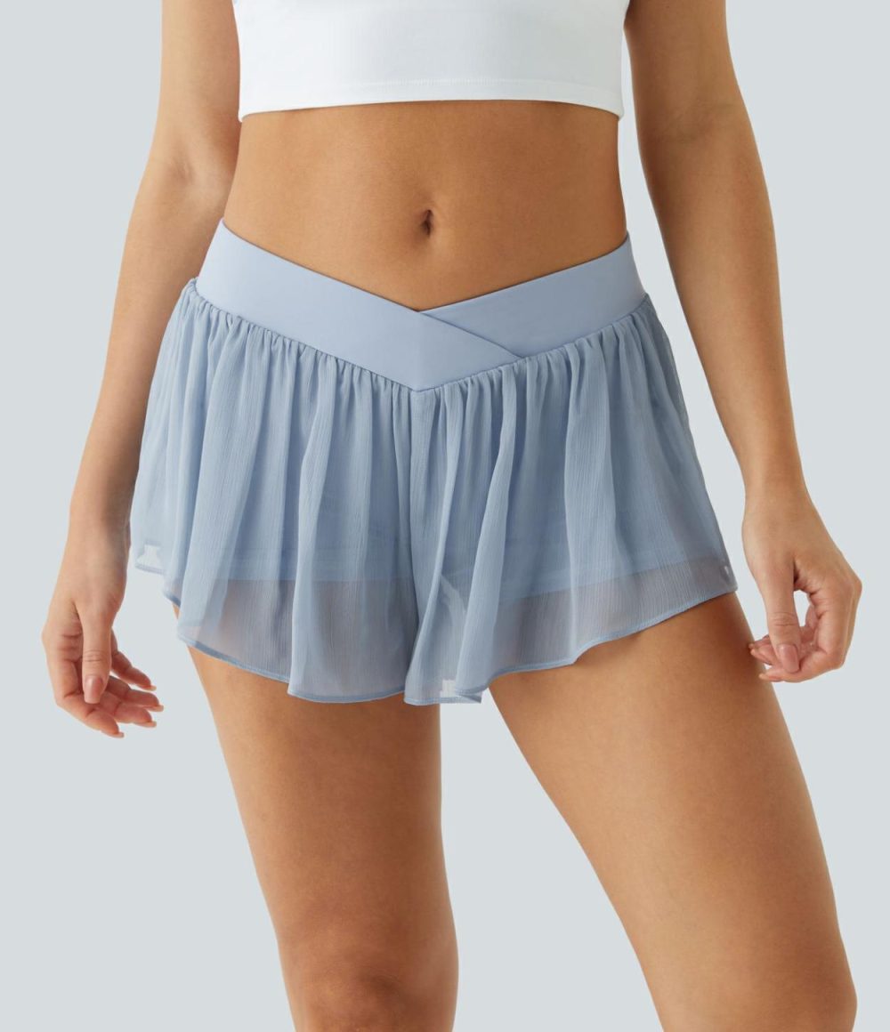 Low Rise Crossover 2-in-1 Side Pocket Sheer Yoga Shorts  | Womens  Crossover Shorts Clothing Crossover Shorts