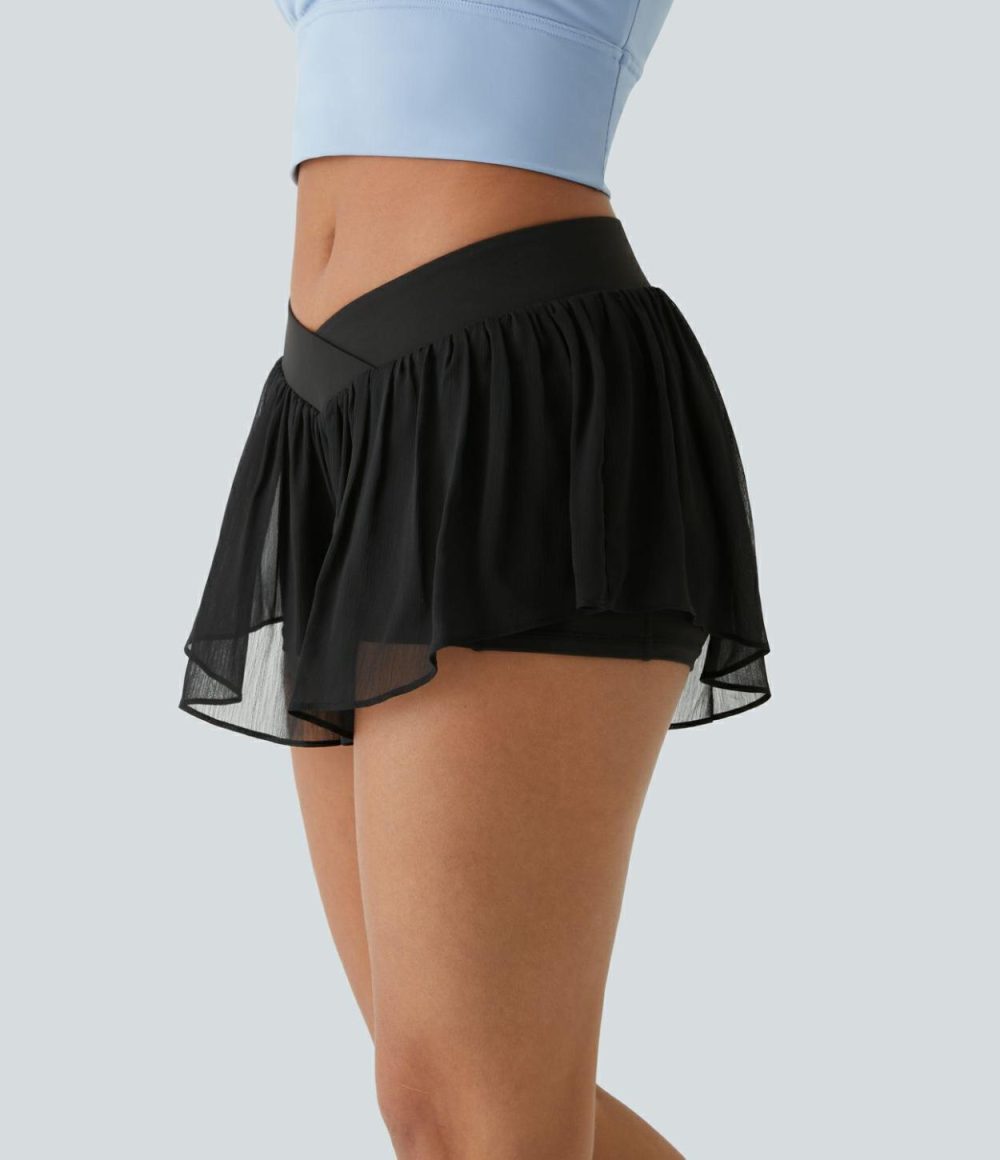 Low Rise Crossover 2-in-1 Side Pocket Sheer Yoga Shorts  | Womens  Crossover Shorts Clothing Crossover Shorts