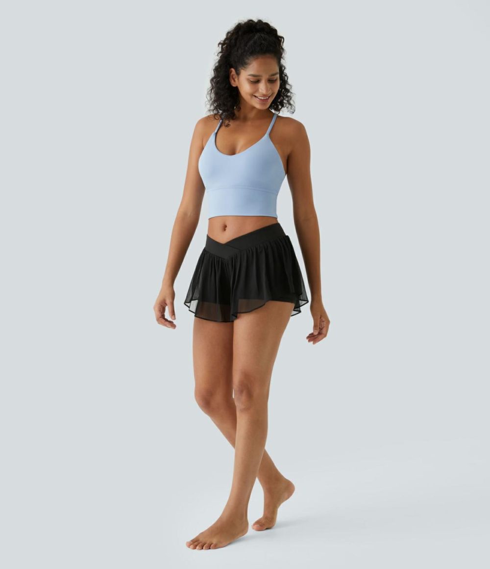 Low Rise Crossover 2-in-1 Side Pocket Sheer Yoga Shorts  | Womens  Crossover Shorts Clothing Crossover Shorts