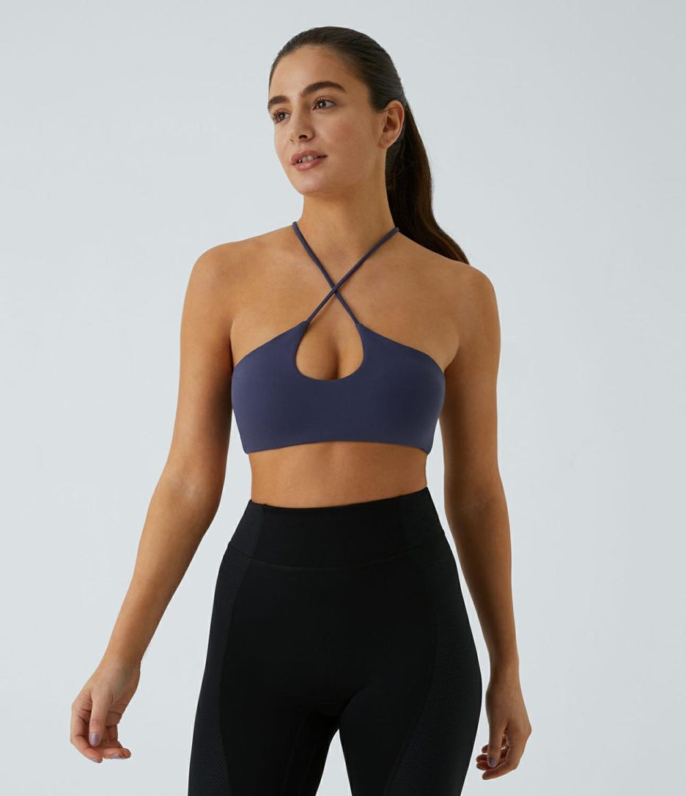 Low Support Backless Crisscross Cut Out Yoga Sports Bra  | Womens  Sports Bras Clothing Black Diamond Blue/Geranium/Black