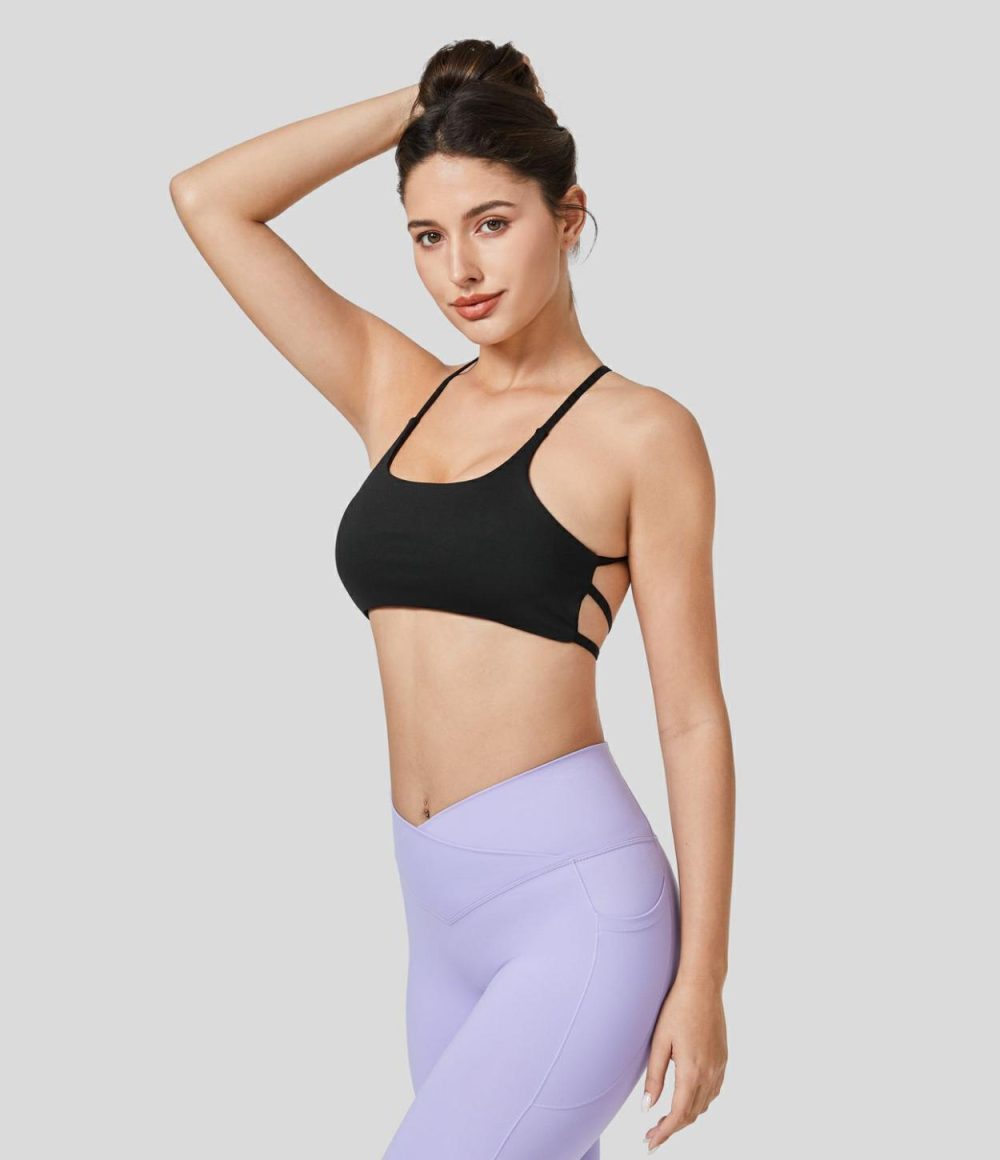 Low Support Backless Crisscross Yoga Sports Bra  | Womens  Sports Bras Clothing Black/Vaporous Gray