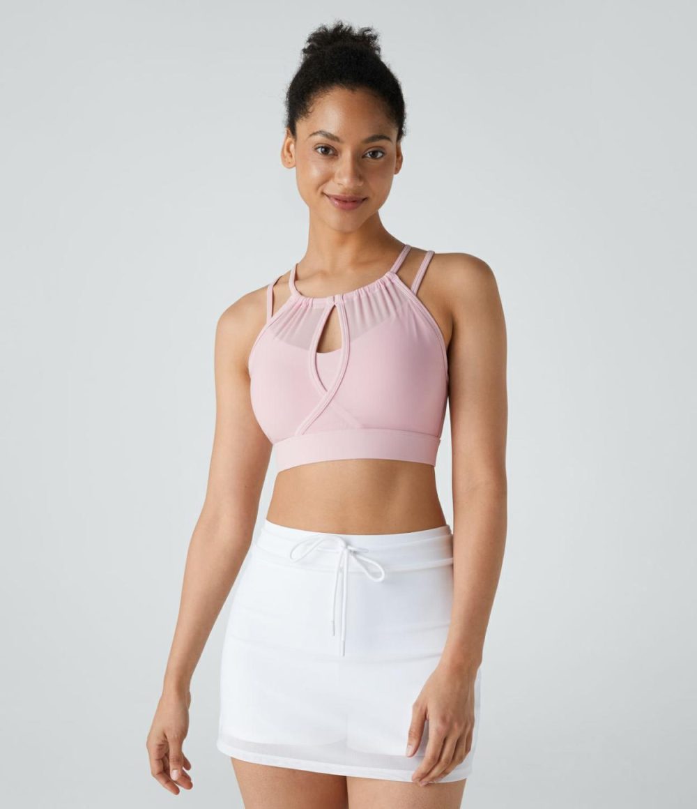 Low Support Backless Cut Out Contrast Mesh 2-in-1 Yoga Sports Bra  | Womens  Sports Bras Clothing Pale Lilac/White/Black