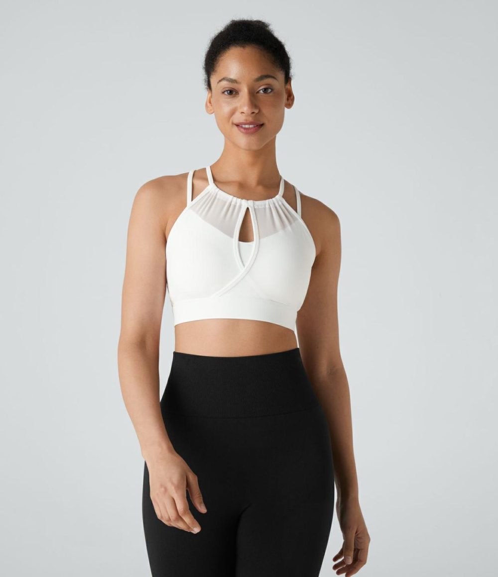 Low Support Backless Cut Out Contrast Mesh 2-in-1 Yoga Sports Bra  | Womens  Sports Bras Clothing Pale Lilac/White/Black