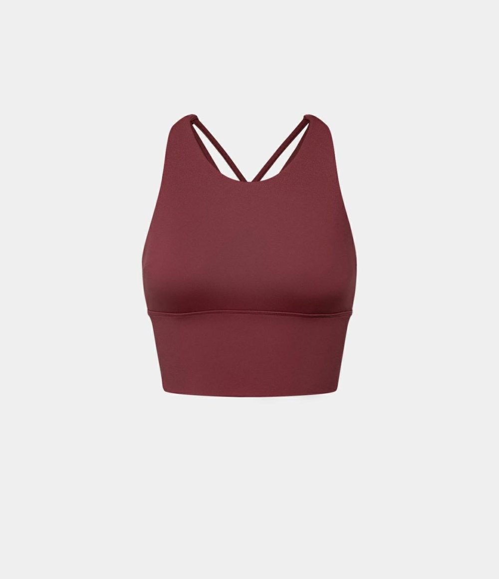 Low Support High Neck Longline Yoga Sports Bra-DD/DDD/F Cups  | Womens  Sports Bras Clothing Deep Wine/Black