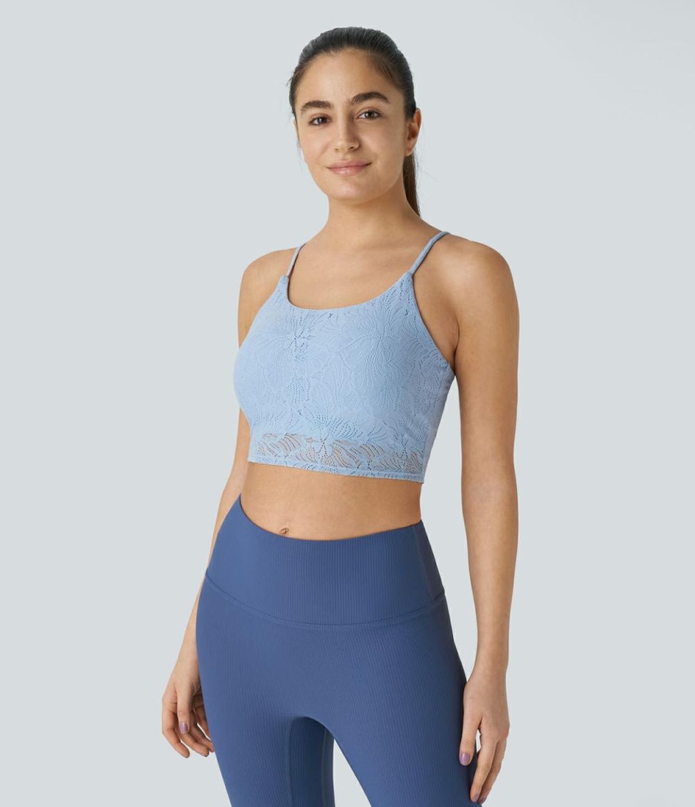 Low Support Lace Overlay Cropped Yoga Sports Bra  | Womens  Sports Bras Clothing Sports Bras