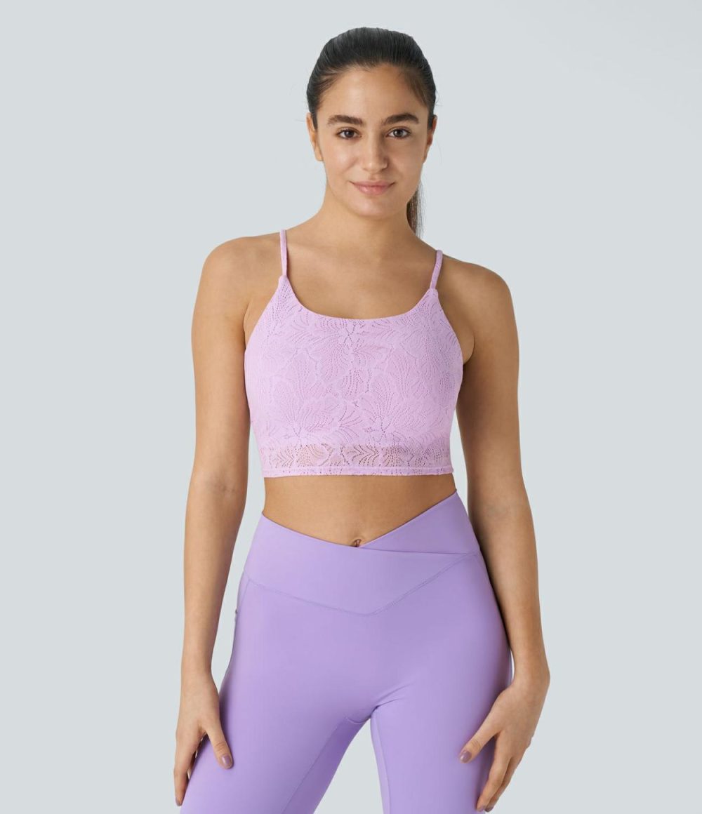 Low Support Lace Overlay Cropped Yoga Sports Bra  | Womens  Sports Bras Clothing Sports Bras