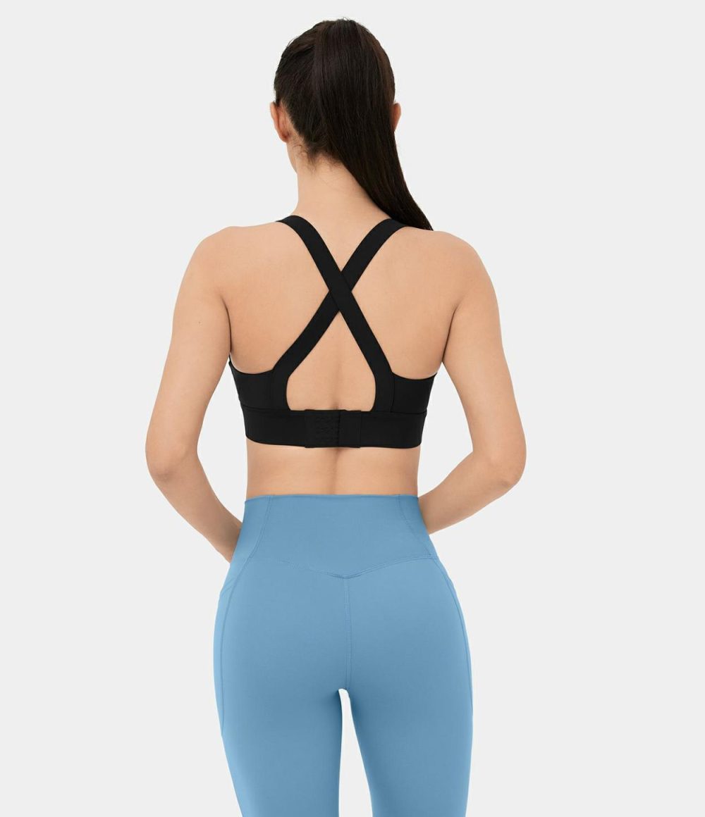 Low Support U Neck Backless Crisscross Adjustable Yoga Sports Bra  | Womens  Sports Bras Clothing Ballet Slipper/Black/Lava Smoke