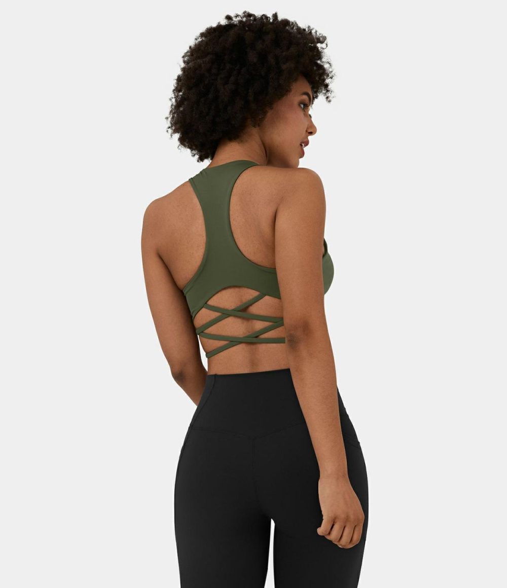 Low Support U Neck Backless Racerback Crisscross Yoga Sports Bra  | Womens  Sports Bras Clothing Carob Brown/Olivine/Black