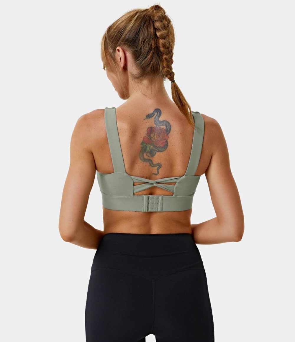 Medium Support Back Twisted Adjustable Hook Running Sports Bra  | Womens  Sports Bras Clothing Smoke Blue/Deep Olive/Iris Purple