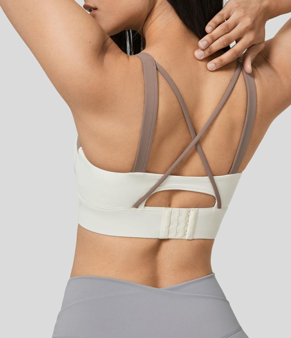 Medium Support Backless Crisscross Cut Out Adjustable Buckle Running Sports Bra  | Womens  Sports Bras Clothing Snow White Oak/Smoke White Purple/Pumpkin