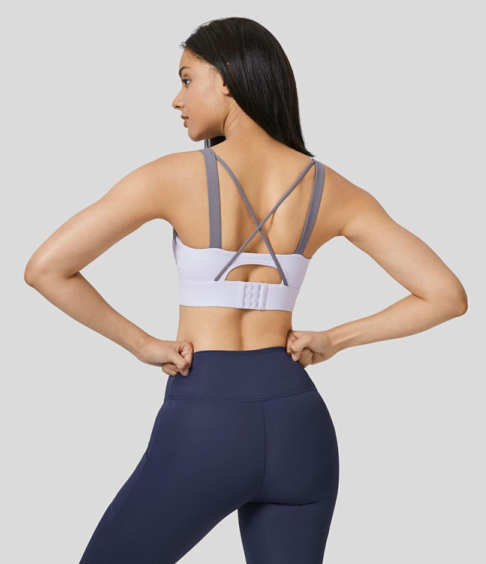 Medium Support Backless Crisscross Cut Out Adjustable Buckle Running Sports Bra  | Womens  Sports Bras Clothing Snow White Oak/Smoke White Purple/Pumpkin