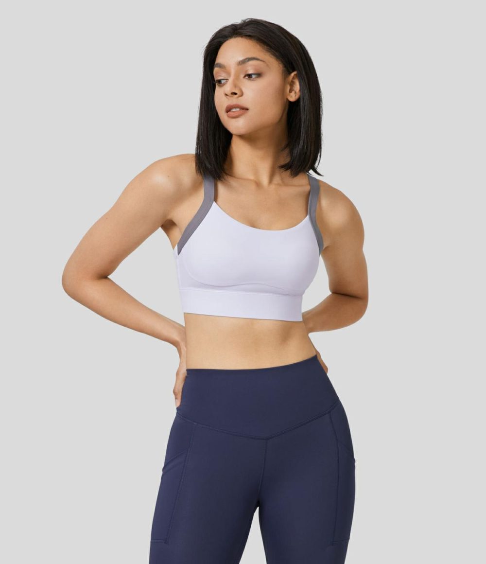 Medium Support Backless Crisscross Cut Out Adjustable Buckle Running Sports Bra  | Womens  Sports Bras Clothing Snow White Oak/Smoke White Purple/Pumpkin