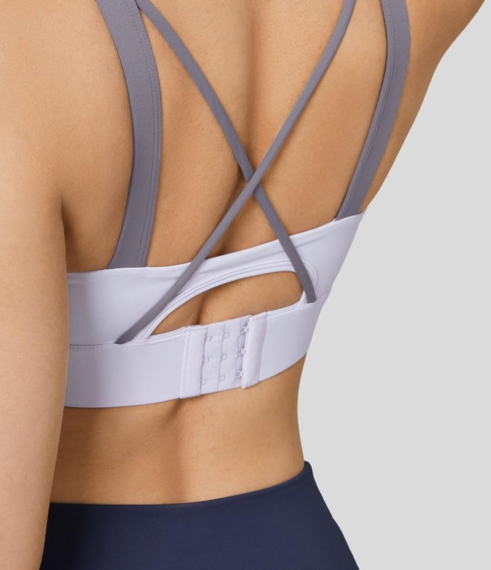 Medium Support Backless Crisscross Cut Out Adjustable Buckle Running Sports Bra  | Womens  Sports Bras Clothing Snow White Oak/Smoke White Purple/Pumpkin