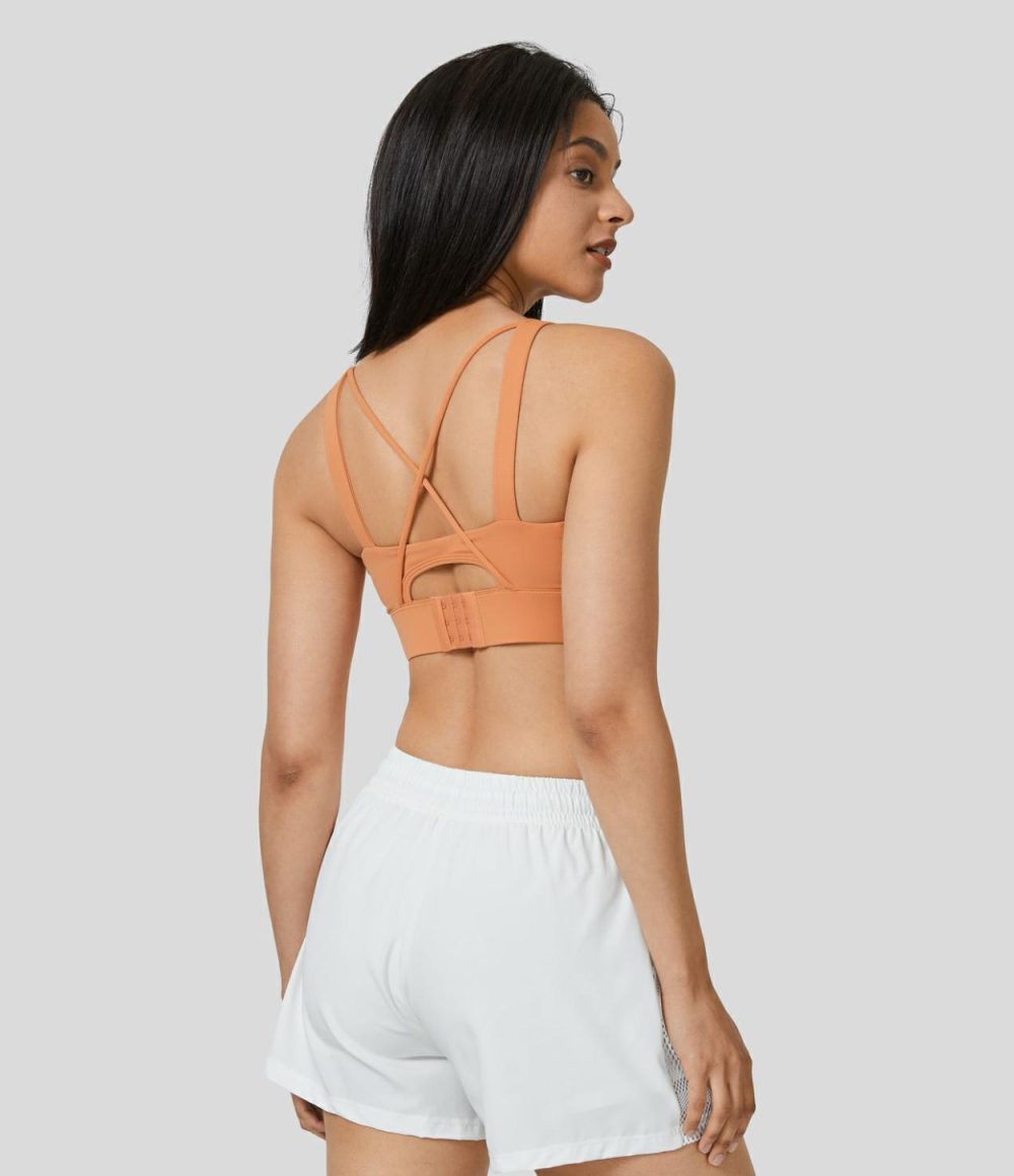 Medium Support Backless Crisscross Cut Out Adjustable Buckle Running Sports Bra  | Womens  Sports Bras Clothing Snow White Oak/Smoke White Purple/Pumpkin