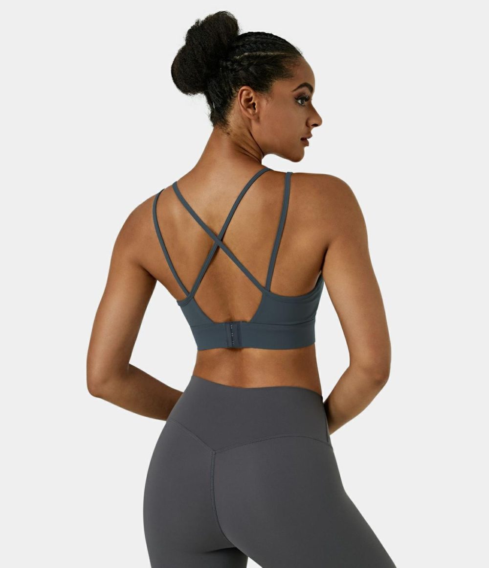 Medium Support Backless Crisscross Strappy Adjustable Hook Sports Bra  | Womens  Sports Bras Clothing Dark Slate/Nostalgia Rose