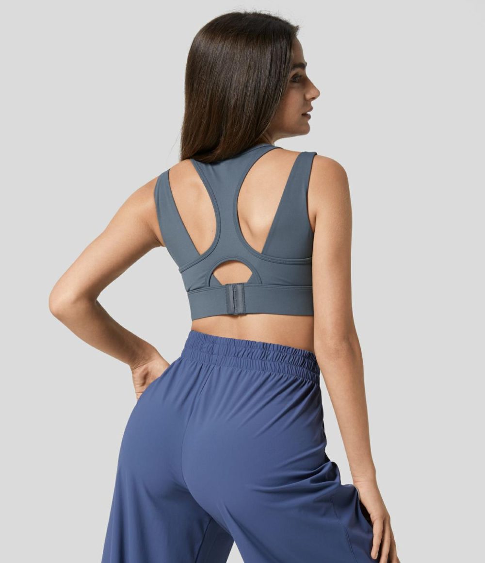 Medium Support Backless Cut Out Adjustable Buckle Workout Sports Bra  | Womens  Sports Bras Clothing Gray Haze Blue/Bok Choy