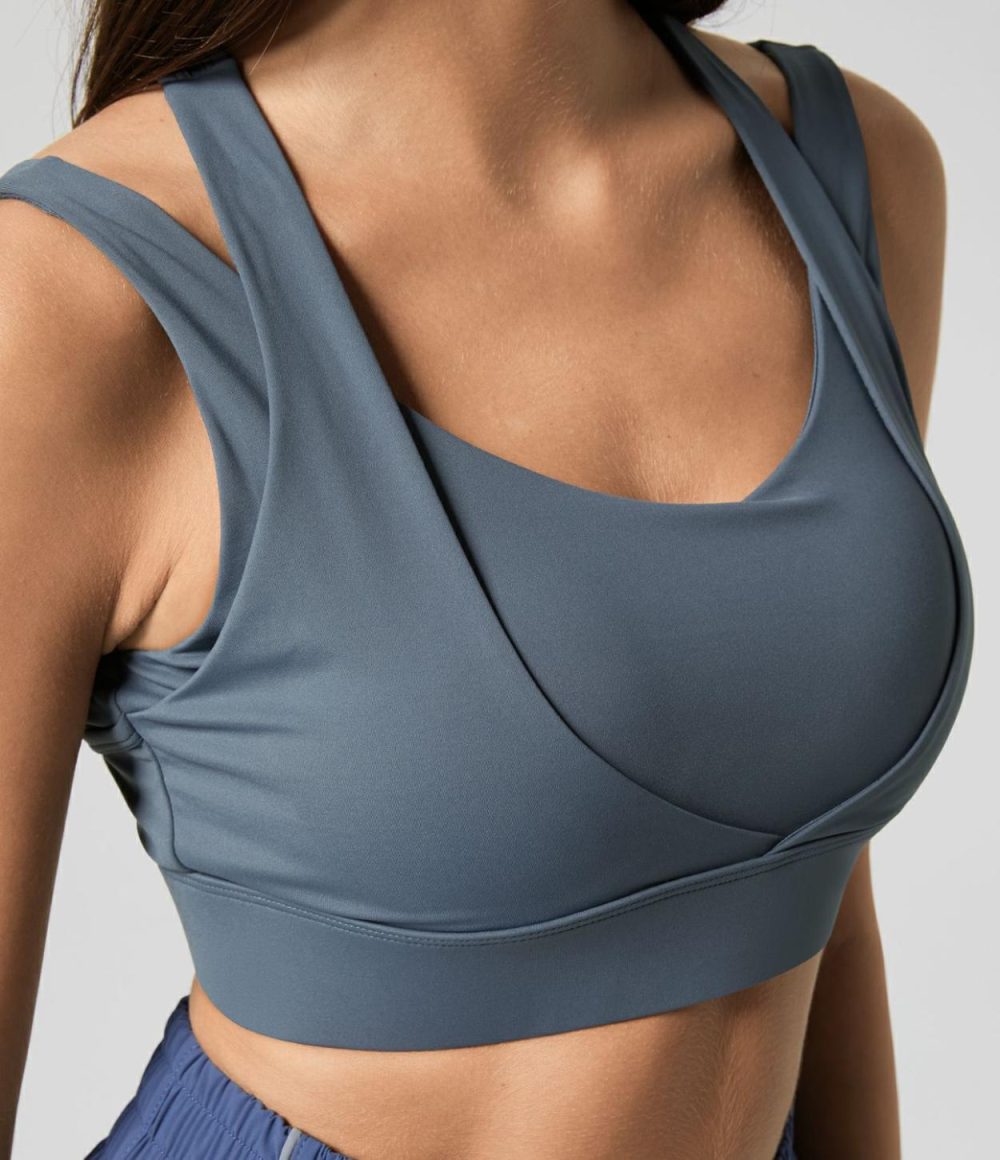 Medium Support Backless Cut Out Adjustable Buckle Workout Sports Bra  | Womens  Sports Bras Clothing Gray Haze Blue/Bok Choy