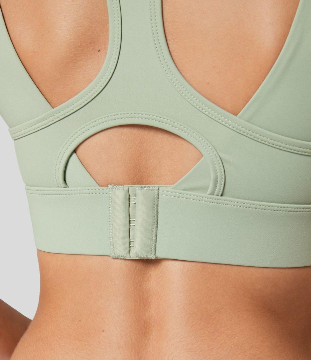 Medium Support Backless Cut Out Adjustable Buckle Workout Sports Bra  | Womens  Sports Bras Clothing Gray Haze Blue/Bok Choy