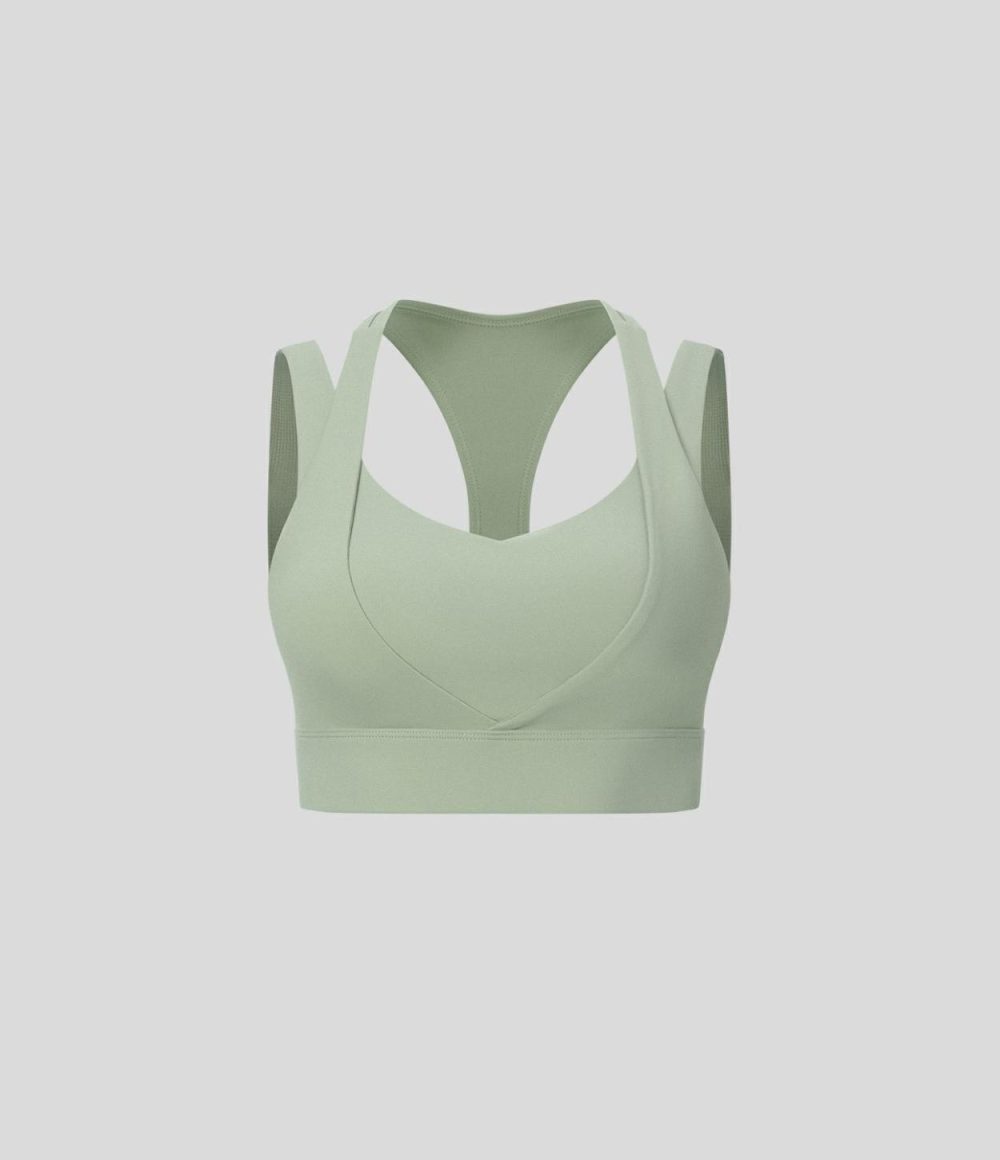 Medium Support Backless Cut Out Adjustable Buckle Workout Sports Bra  | Womens  Sports Bras Clothing Gray Haze Blue/Bok Choy