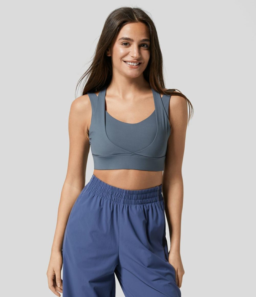 Medium Support Backless Cut Out Adjustable Buckle Workout Sports Bra  | Womens  Sports Bras Clothing Gray Haze Blue/Bok Choy