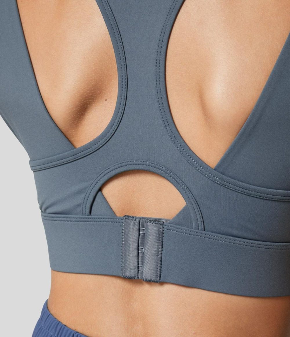 Medium Support Backless Cut Out Adjustable Buckle Workout Sports Bra  | Womens  Sports Bras Clothing Gray Haze Blue/Bok Choy