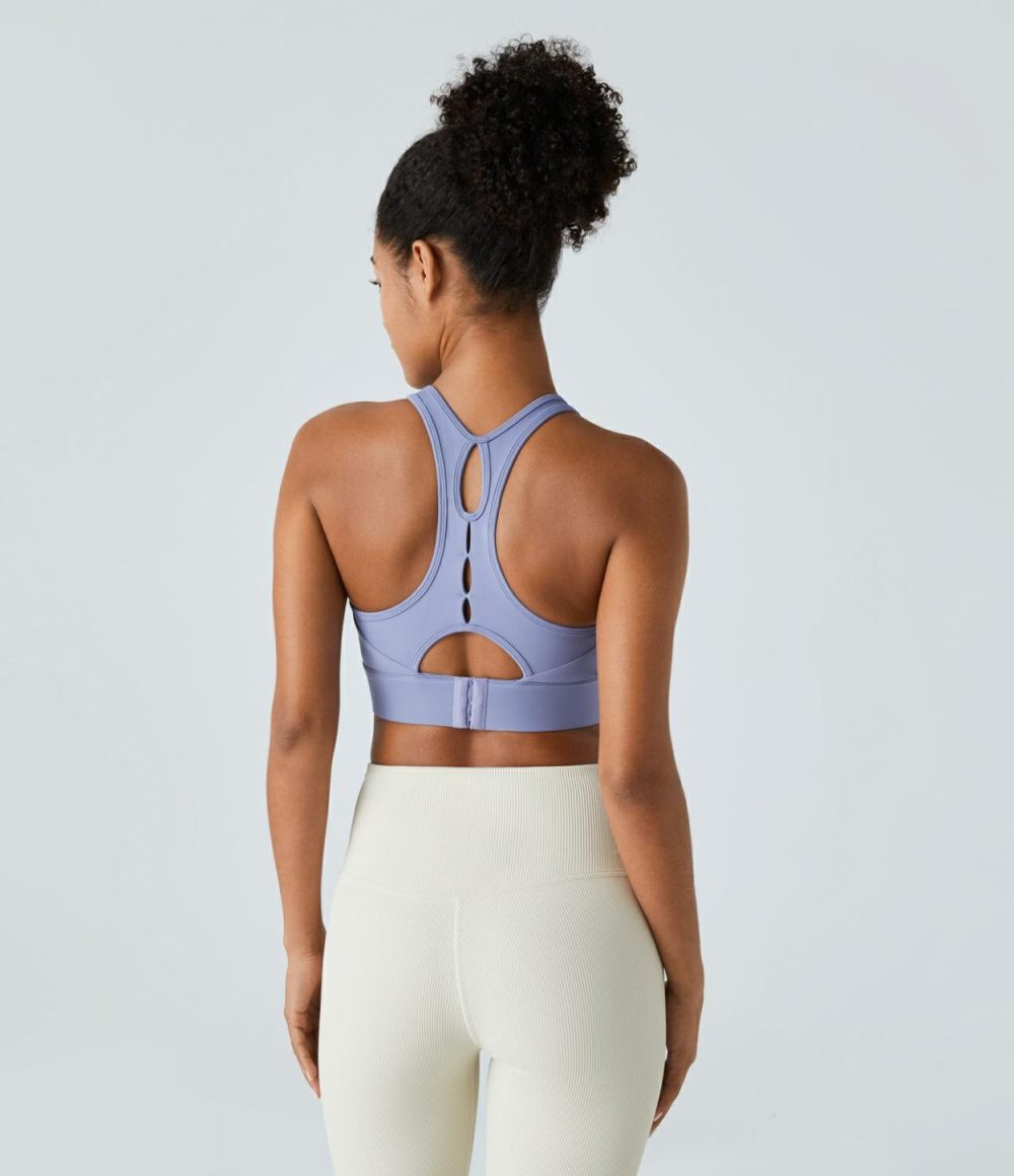 Medium Support Backless Racerback Cut Out Adjustable Buckle Running Sports Bra  | Womens  Sports Bras Clothing Light Lavender Blue/Whisper White/Moonlite Mauve