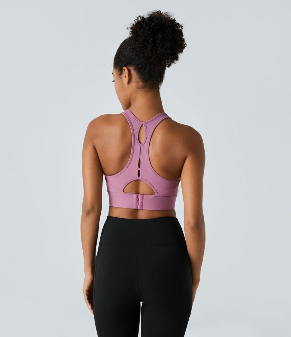 Medium Support Backless Racerback Cut Out Adjustable Buckle Running Sports Bra  | Womens  Sports Bras Clothing Light Lavender Blue/Whisper White/Moonlite Mauve