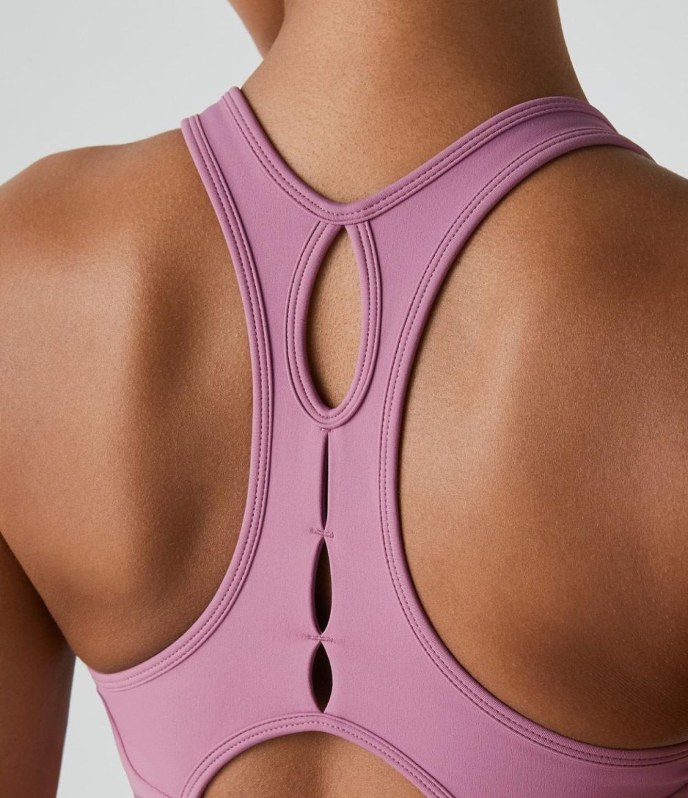 Medium Support Backless Racerback Cut Out Adjustable Buckle Running Sports Bra  | Womens  Sports Bras Clothing Light Lavender Blue/Whisper White/Moonlite Mauve