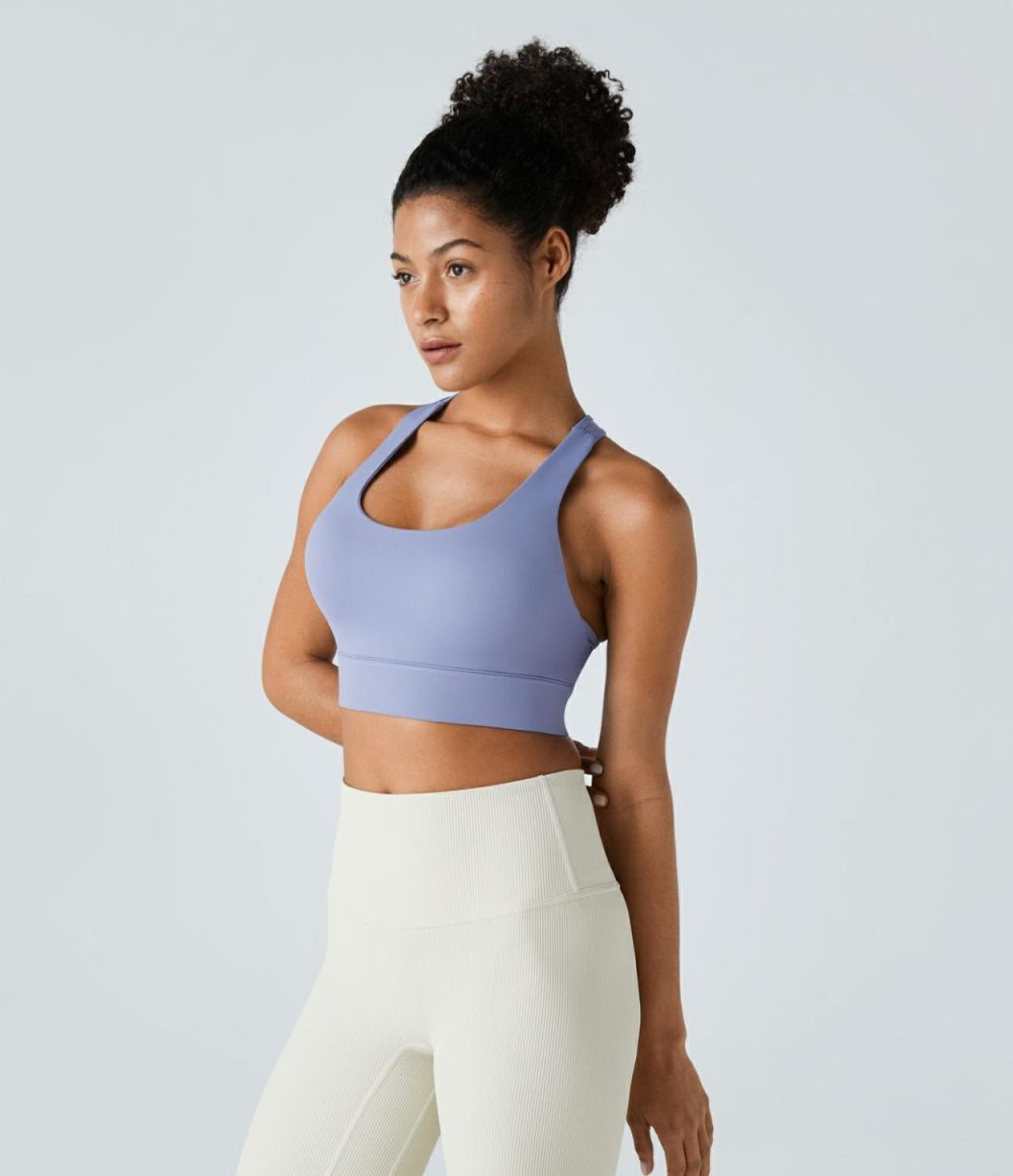 Medium Support Backless Racerback Cut Out Adjustable Buckle Running Sports Bra  | Womens  Sports Bras Clothing Light Lavender Blue/Whisper White/Moonlite Mauve