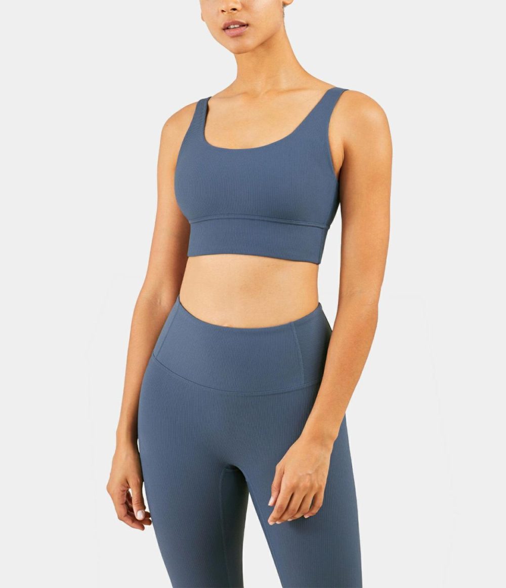 Medium Support Ribbed Knit Longline Workout Sports Bra  | Womens  Sports Bras Clothing Coffee/Light Beige/Black/Navy Blue