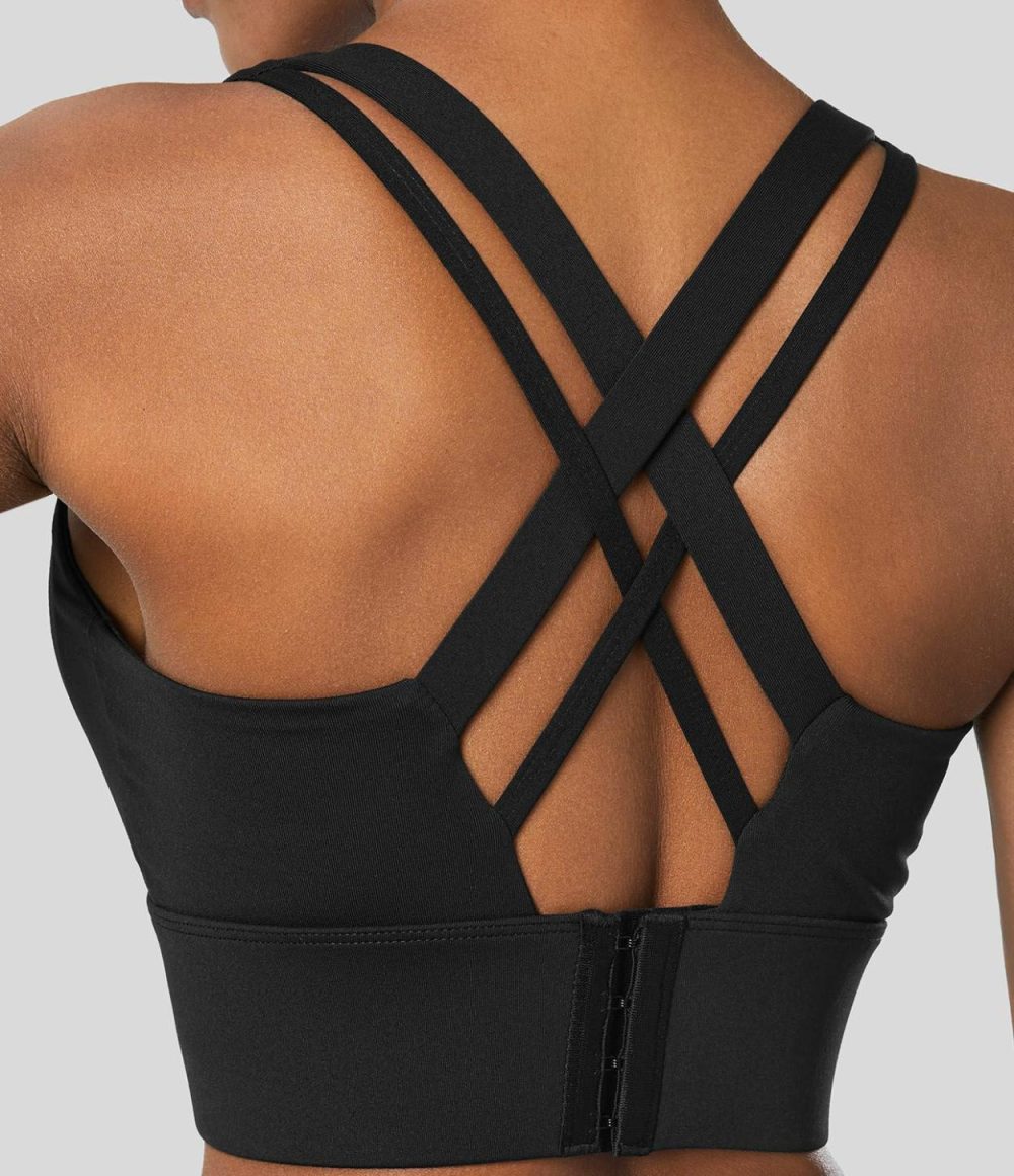 Medium Support U Neck Backless Crisscross Adjustable Hook Running Sports Bra  | Womens  Sports Bras Clothing Black/Pale Dogwood/White