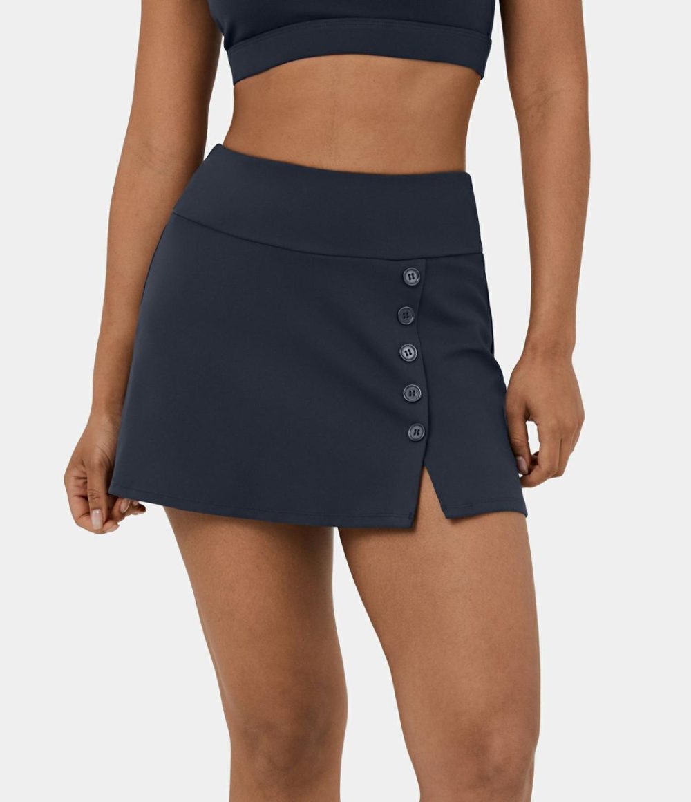 Mid Rise 2-in-1 Side Pocket Button A Line Mini Golf Skirt-Golf Tee Pocket  | Womens  Mini Skirts Clothing Midnight Blue/White