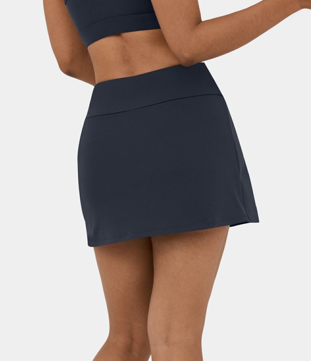 Mid Rise 2-in-1 Side Pocket Button A Line Mini Golf Skirt-Golf Tee Pocket  | Womens  Mini Skirts Clothing Midnight Blue/White