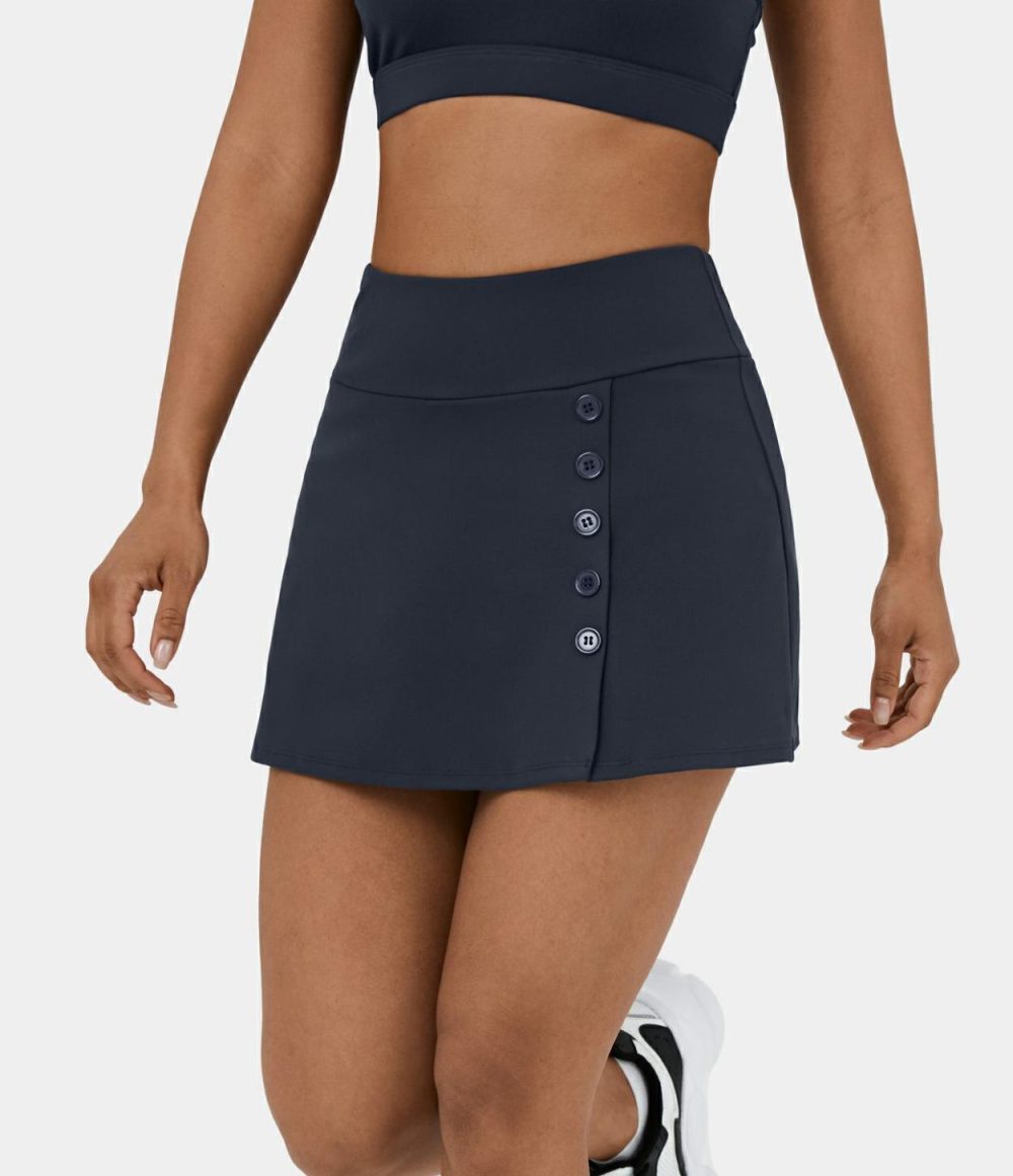 Mid Rise 2-in-1 Side Pocket Button A Line Mini Golf Skirt-Golf Tee Pocket  | Womens  Mini Skirts Clothing Midnight Blue/White