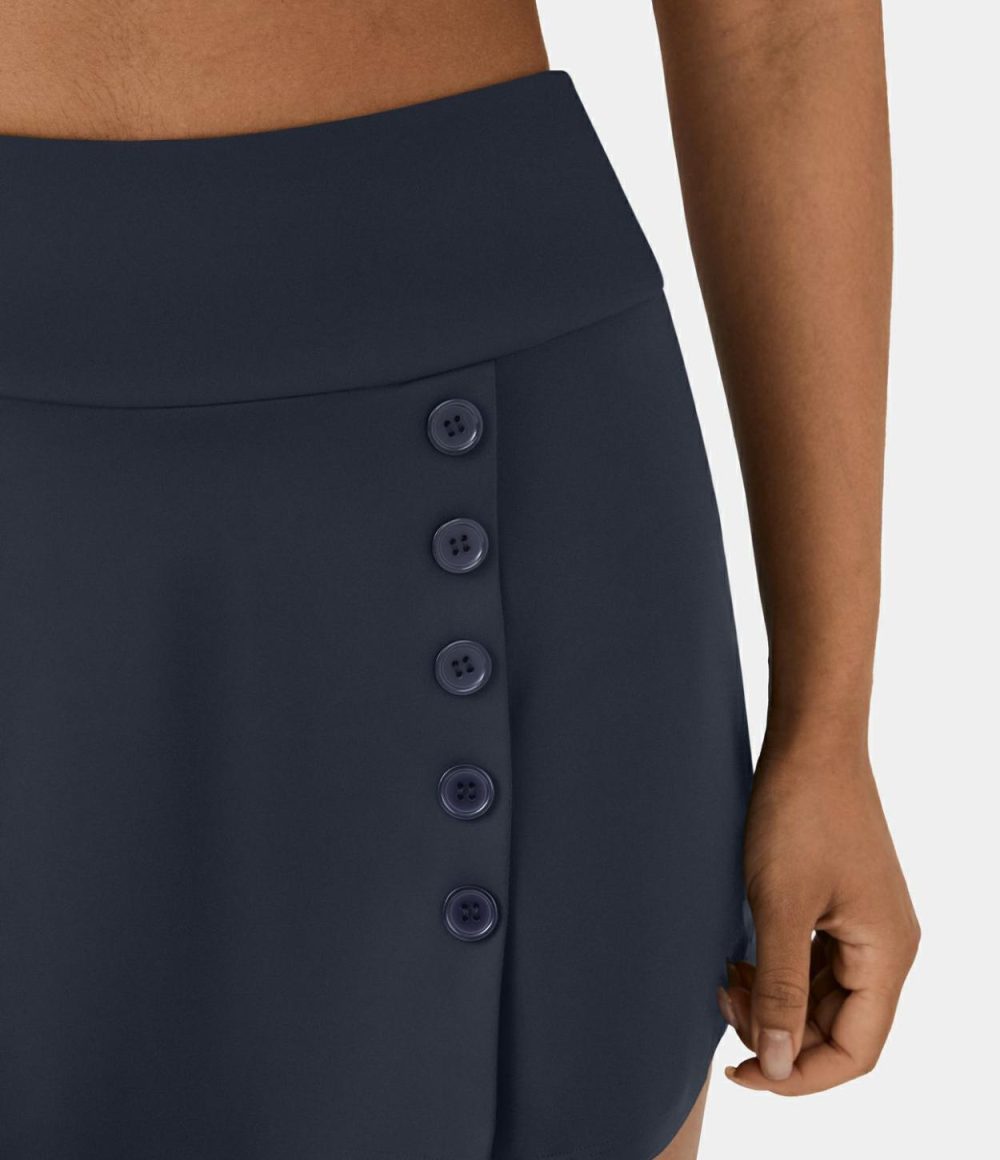 Mid Rise 2-in-1 Side Pocket Button A Line Mini Golf Skirt-Golf Tee Pocket  | Womens  Mini Skirts Clothing Midnight Blue/White