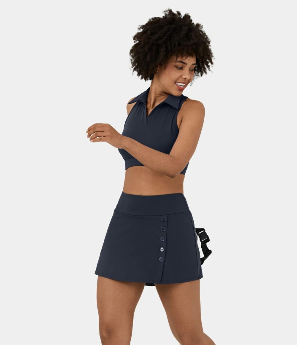 Mid Rise 2-in-1 Side Pocket Button A Line Mini Golf Skirt-Golf Tee Pocket  | Womens  Mini Skirts Clothing Midnight Blue/White