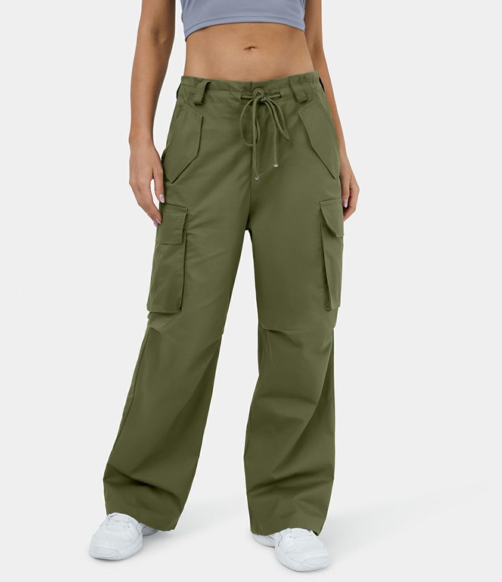 Mid Rise Adjustable Drawstring Button Zip Multi Pockets Wide Leg Casual Cargo Pants  | Womens  Cargo Pants Cargo Pants Cargo Pants