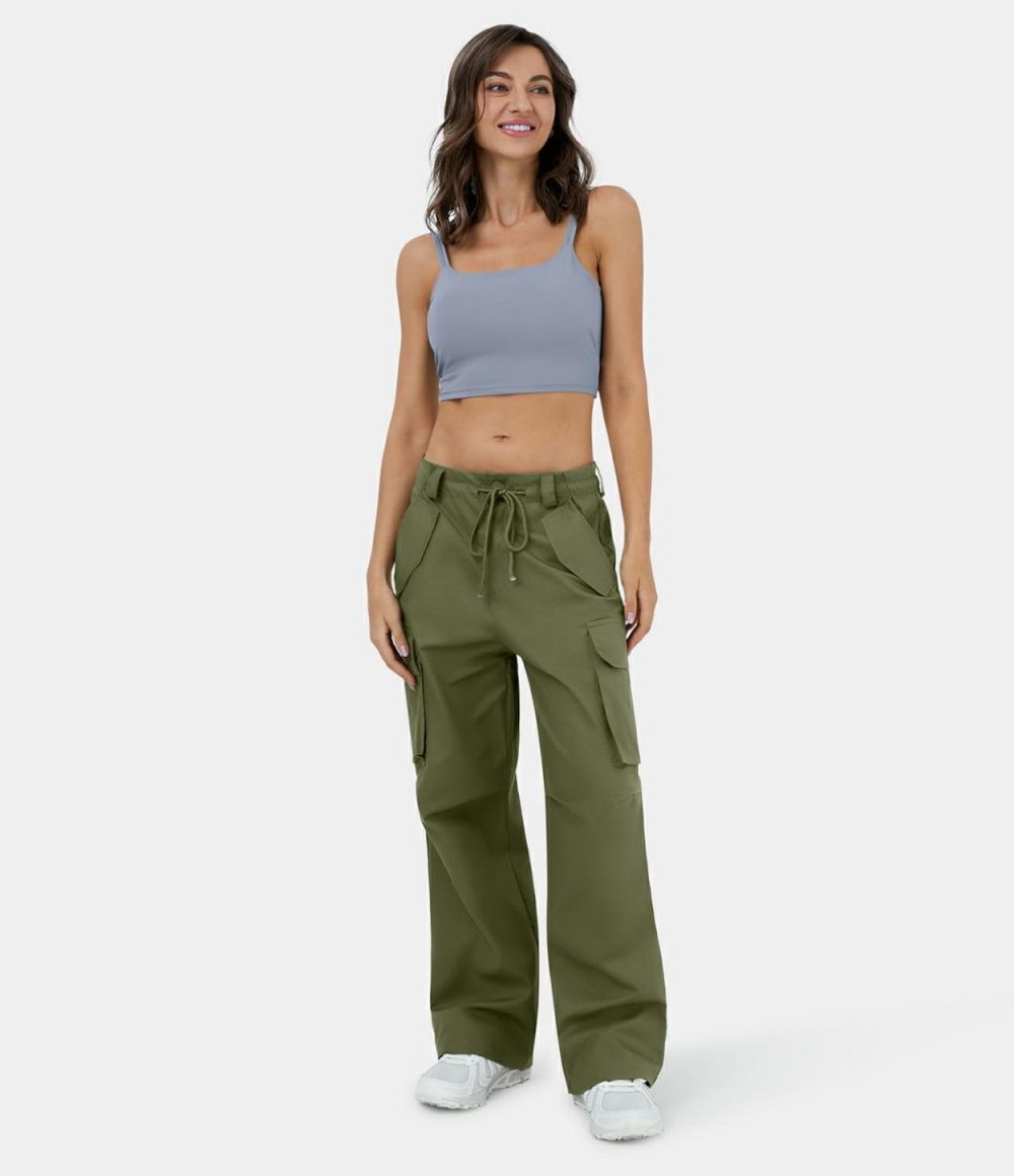 Mid Rise Adjustable Drawstring Button Zip Multi Pockets Wide Leg Casual Cargo Pants  | Womens  Cargo Pants Cargo Pants Cargo Pants